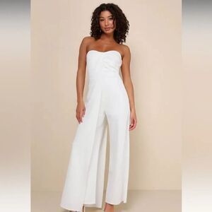 Lulus Angelic Elegance White Pleated Strapless Overlay Jumpsuit size XS